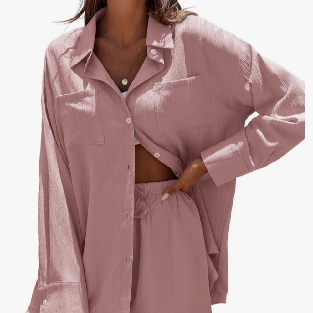 Ekouaer Dusty Pink Over-sized Shirt And Shorts.  NWT. XL